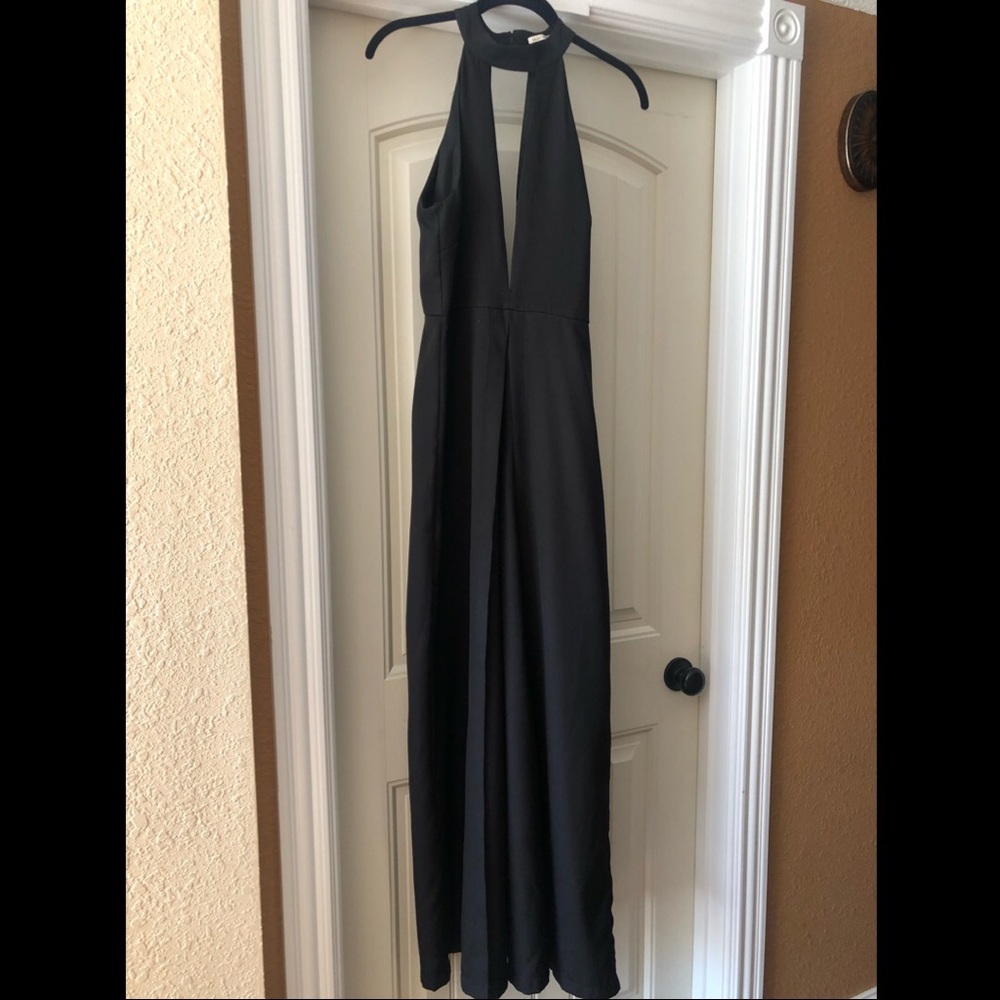 Black high neck plunge line jumpsuit